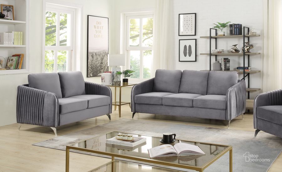 The appearance of Hathaway Gray Velvet Fabric Sofa Loveseat Living Room Set designed by Lilola Home in the modern / contemporary interior design. This gray piece of furniture  was selected by 1StopBedrooms from Hathaway Collection to add a touch of cosiness and style into your home. Sku: 89725-SL. Material: Wood. Product Type: Living Room Set. Image1