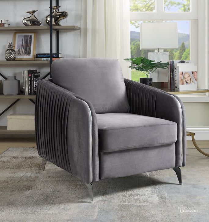 The appearance of Hathaway Gray Velvet Modern Chic Accent Armchair designed by Lilola Home in the modern / contemporary interior design. This gray piece of furniture  was selected by 1StopBedrooms from Hathaway Collection to add a touch of cosiness and style into your home. Sku: 89725-C. Material: Wood. Product Type: Arm Chair. Image1