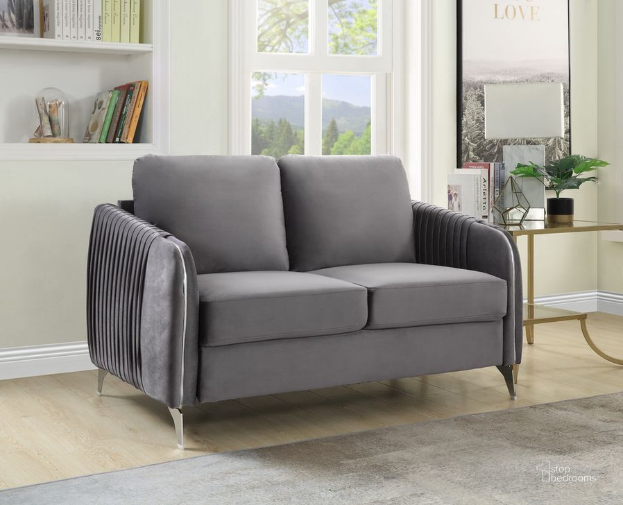 The appearance of Hathaway Gray Velvet Modern Chic Loveseat Couch designed by Lilola Home in the modern / contemporary interior design. This gray piece of furniture  was selected by 1StopBedrooms from Hathaway Collection to add a touch of cosiness and style into your home. Sku: 89725-L. Material: Wood. Product Type: Loveseat. Image1