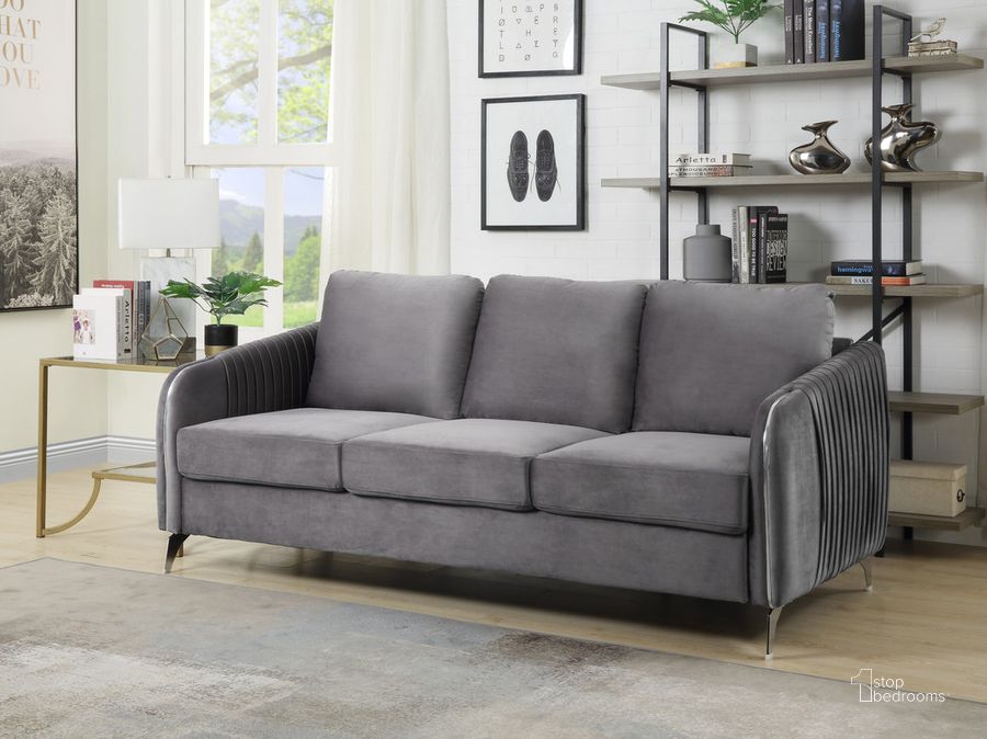 The appearance of Hathaway Gray Velvet Modern Chic Sofa Couch designed by Lilola Home in the modern / contemporary interior design. This gray piece of furniture  was selected by 1StopBedrooms from Hathaway Collection to add a touch of cosiness and style into your home. Sku: 89725-S. Material: Wood. Product Type: Sofa. Image1