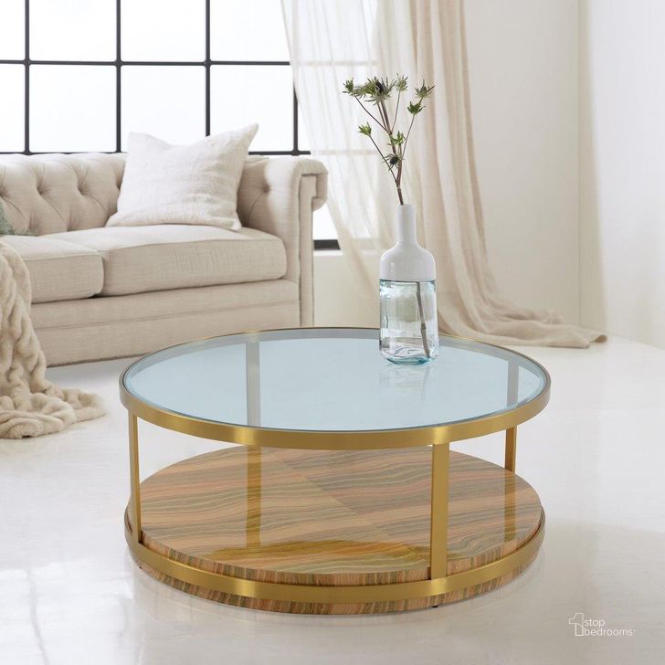 The appearance of Hattie Glass Top Occasional Table Set with Brushed Gold Legs designed by Armen Living in the transitional interior design. This brown piece of furniture  was selected by 1StopBedrooms from Hattie Collection to add a touch of cosiness and style into your home. Sku: LCDXCOGLGLD;LCDXLAGLGLD. Material: Metal. Product Type: Occasional Table Set. Image1