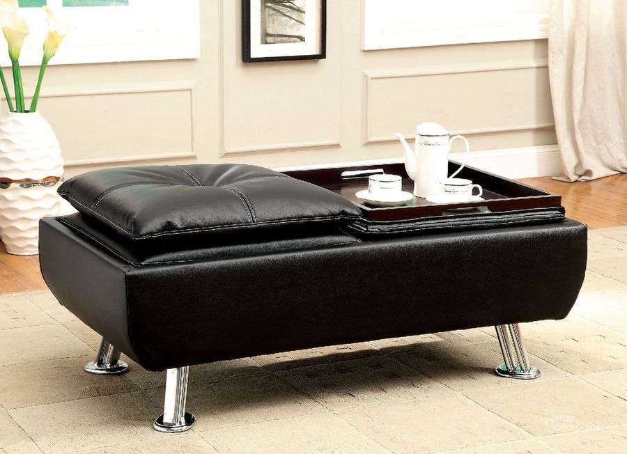The appearance of Hauser Ottoman In Black and Chrome designed by Furniture of America in the modern / contemporary interior design. This black and chrome piece of furniture  was selected by 1StopBedrooms from Hauser Collection to add a touch of cosiness and style into your home. Sku: CM2677BK-OT. Material: Leather. Product Type: Ottoman. Image1