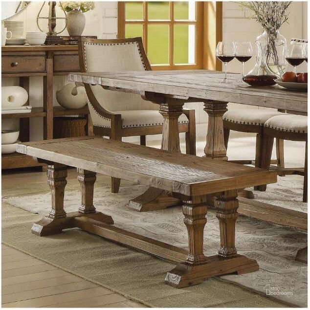 The appearance of Hawthorne Barnwood Dining Bench designed by Riverside Furniture in the traditional interior design. This brown piece of furniture  was selected by 1StopBedrooms from Hawthorne Collection to add a touch of cosiness and style into your home. Sku: 23653. Product Type: Dining Bench. Image1