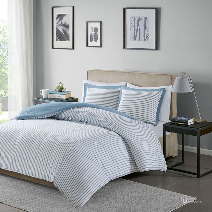 The appearance of Hayden Polyester Microfiber Reversible Striped Twin Duvet Cover Mini Set In Blue designed by Olliix in the transitional interior design. This blue piece of furniture  was selected by 1StopBedrooms from Hayden Collection to add a touch of cosiness and style into your home. Sku: MPE12-639. Material: Microfiber. Bed Size: Twin. Product Type: Duvet Cover Set. Image1