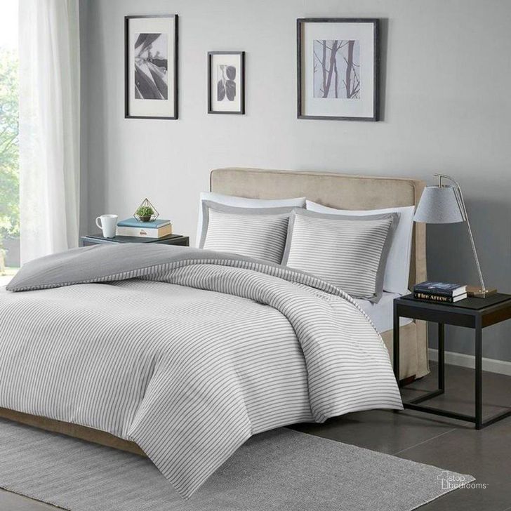 The appearance of Hayden Polyester Microfiber Reversible Striped Twin Duvet Cover Mini Set In Grey designed by Olliix in the transitional interior design. This grey piece of furniture  was selected by 1StopBedrooms from Hayden Collection to add a touch of cosiness and style into your home. Sku: MPE12-642. Material: Microfiber. Bed Size: Twin. Product Type: Duvet Cover Set. Image1