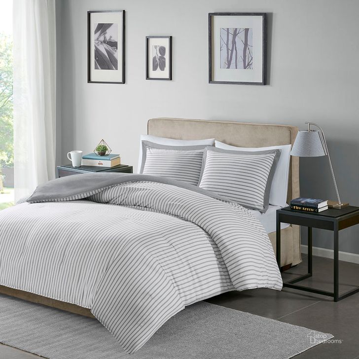 The appearance of Hayden Polyester Microfiber Reversible Striped Queen Duvet Cover Mini Set In Grey designed by Olliix in the transitional interior design. This grey piece of furniture  was selected by 1StopBedrooms from Hayden Collection to add a touch of cosiness and style into your home. Sku: MPE12-643. Material: Microfiber. Bed Size: Queen. Product Type: Duvet Cover Set. Image1