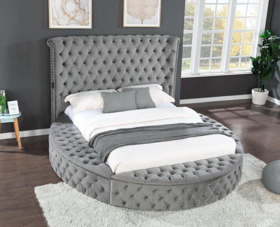 The appearance of Hazel King Bed In Gray designed by Galaxy Home Furnishings in the modern / contemporary interior design. This gray piece of furniture  was selected by 1StopBedrooms from Hazel Collection to add a touch of cosiness and style into your home. Sku: 733569358816. Bed Type: Platform Bed. Material: Wood. Product Type: Platform Bed. Bed Size: King. Image1