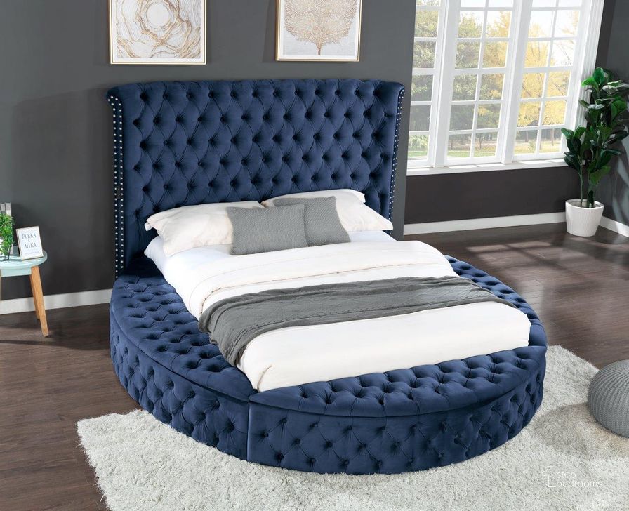 The appearance of Hazel Queen Bed In Navy designed by Galaxy Home Furnishings in the modern / contemporary interior design. This navy piece of furniture  was selected by 1StopBedrooms from Hazel Collection to add a touch of cosiness and style into your home. Sku: 733569271290. Bed Type: Platform Bed. Material: Wood. Product Type: Platform Bed. Bed Size: Queen. Image1