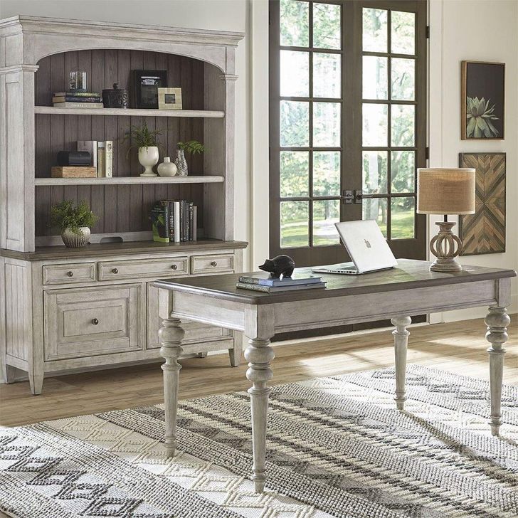 The appearance of Heartland Antique White Credenza Home Office Set With Hutch designed by Liberty in the transitional interior design. This white piece of furniture  was selected by 1StopBedrooms from Heartland Collection to add a touch of cosiness and style into your home. Sku: 824-HO120;824-HO131;824-C2001S. Product Type: Home Office Set. Material: Rubberwood. Image1