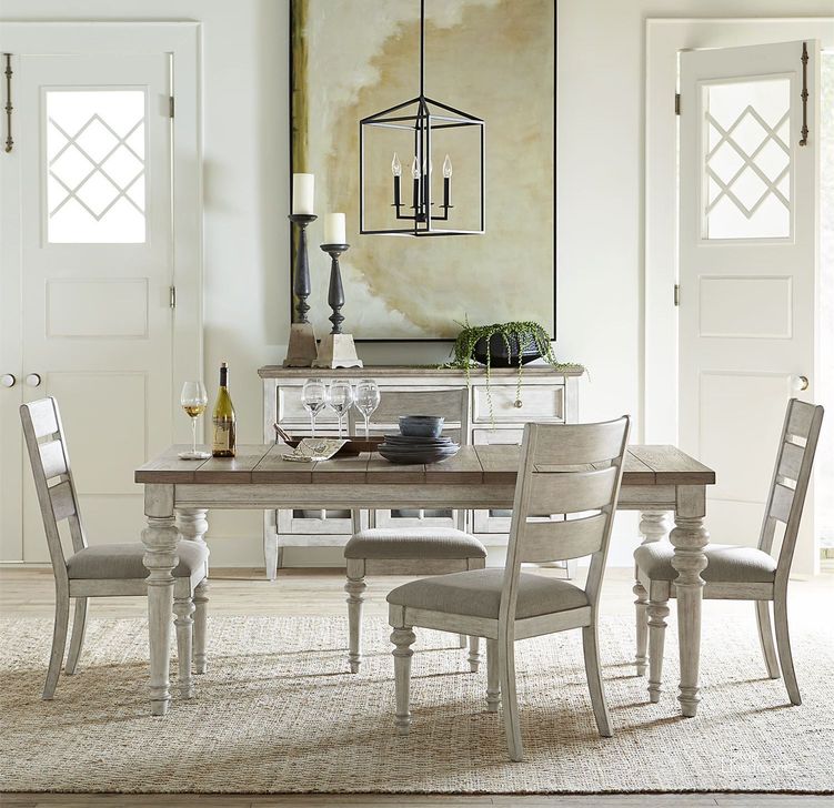 The appearance of Heartland Antique White Rectangular Leg Dining Room Set designed by Liberty in the transitional interior design. This off white piece of furniture  was selected by 1StopBedrooms from Heartland Collection to add a touch of cosiness and style into your home. Sku: 824-T4072;824-C2001S. Table Base Style: Legs. Product Type: Dining Room Set. Table Top Shape: Rectangular. Material: Rubberwood. Size: 72". Image1