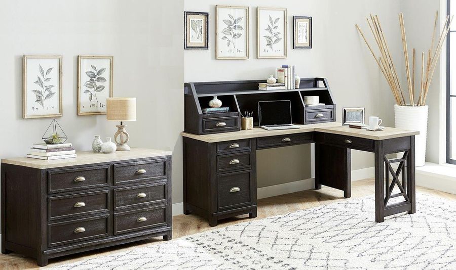 The appearance of Heatherbrook Charcoal and Ash L Shaped Home Office Set designed by Liberty in the transitional interior design. This brown piece of furniture  was selected by 1StopBedrooms from Heatherbrook Collection to add a touch of cosiness and style into your home. Sku: 422-HO111;422-HO111B;422-HO121;422-HO140;422-HO120. Material: Wood. Product Type: Home Office Set. Image1
