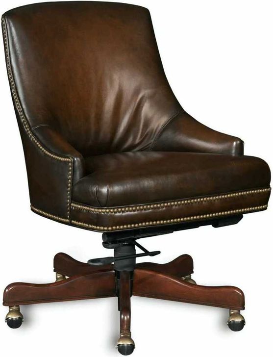 The appearance of Heidi Brown Leather Executive Swivel Tilt Arm Chair designed by Hooker in the traditional interior design. This brown piece of furniture  was selected by 1StopBedrooms from Heidi Collection to add a touch of cosiness and style into your home. Sku: EC403-085. Material: Leather. Product Type: Executive Chair. Image1