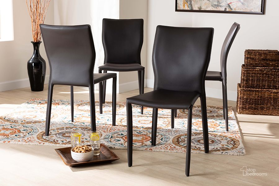 The appearance of Heidi Modern and Contemporary Dark Brown Faux Leather Upholstered 4-Piece Dining Chair Set designed by Baxton Studio in the modern / contemporary interior design. This dark brown piece of furniture  was selected by 1StopBedrooms from Heidi Collection to add a touch of cosiness and style into your home. Sku: 19A17-Dark Brown-DC. Material: Leather. Product Type: Dining Chair. Image1