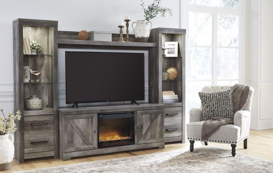 The appearance of Heidmore Gray Entertainment Center and Wall 0qd2372661 designed by Off 5th Home in the rustic / southwestern interior design. This gray piece of furniture  was selected by 1StopBedrooms from Heidmore Collection to add a touch of cosiness and style into your home. Sku: W440-24;W440-24;W440-27;W440-68;W100-02. Material: Wood. Product Type: Entertainment Centers and Wall. Image1