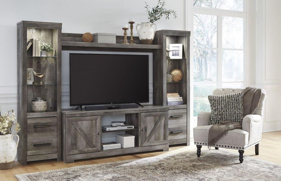 The appearance of Heidmore Gray Entertainment Center and Wall Set designed by Off 5th Home in the transitional interior design. This gray piece of furniture  was selected by 1StopBedrooms from Heidmore Collection to add a touch of cosiness and style into your home. Sku: W440-68;W440-24;W440-24;W440-27. Material: Wood. Product Type: Entertainment Centers and Wall. Image1