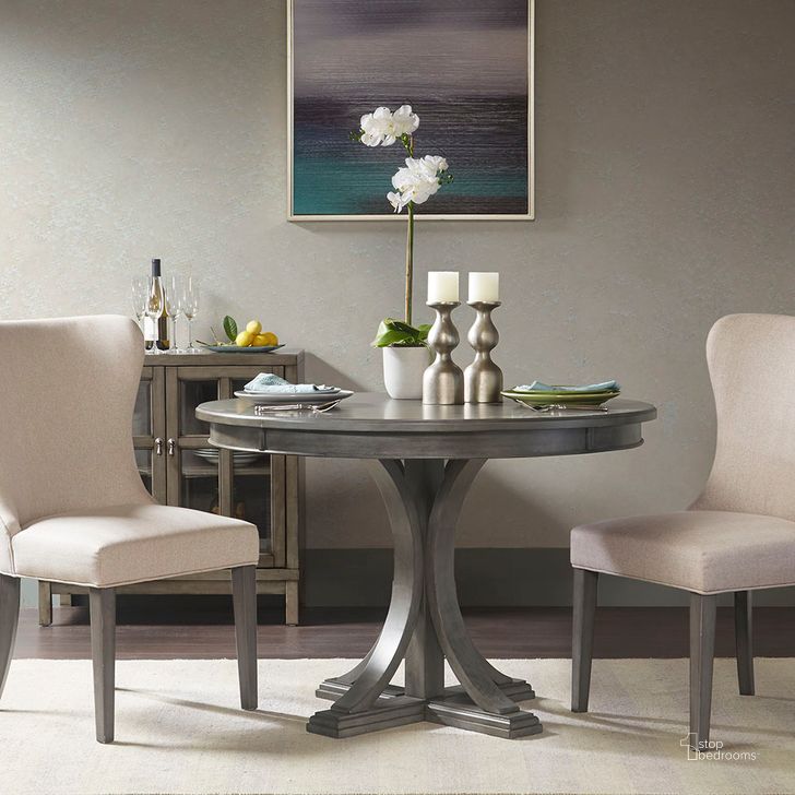 The appearance of Helena Round Dining Table In Grey designed by Olliix in the traditional interior design. This grey piece of furniture  was selected by 1StopBedrooms from Helena Collection to add a touch of cosiness and style into your home. Sku: MPS121-0113. Table Base Style: Trestle. Table Top Shape: Round. Product Type: Dining Table. Material: MDF. Size: 44". Image1