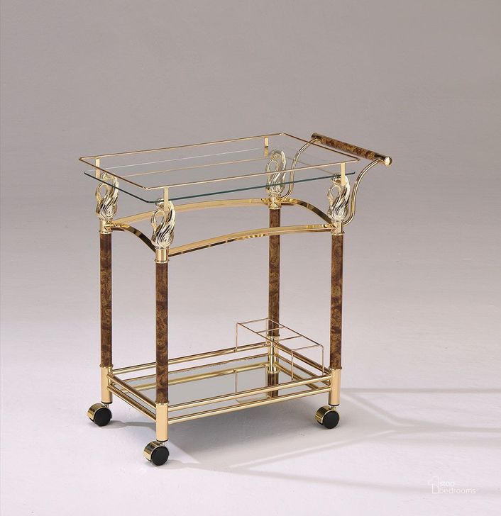 The appearance of Helmut Clear Tempered Glass Serving Cart designed by ACME in the modern / contemporary interior design. This gold piece of furniture  was selected by 1StopBedrooms from Helmut Collection to add a touch of cosiness and style into your home. Sku: 98002. Material: Metal. Product Type: Serving Cart.
