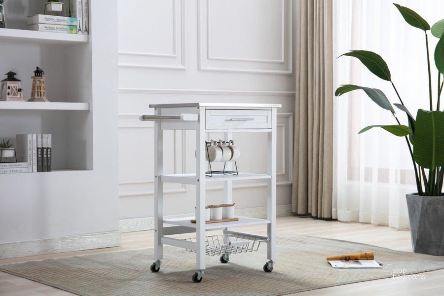 The appearance of Hennington Kitchen Cart With Stainless Steel Top In White Wash designed by Boraam Industries in the transitional interior design. This white wash piece of furniture  was selected by 1StopBedrooms from Hennington Collection to add a touch of cosiness and style into your home. Sku: 50661. Material: Wood. Product Type: Kitchen Cart. Image1