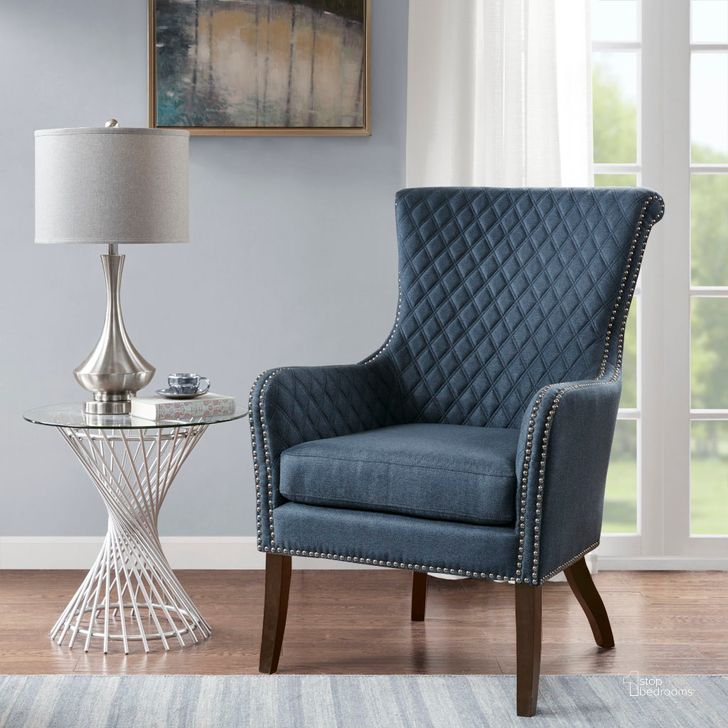 The appearance of Heston Accent Chair In Dark Blue designed by Olliix in the transitional interior design. This dark blue piece of furniture  was selected by 1StopBedrooms from Heston Collection to add a touch of cosiness and style into your home. Sku: MP100-0618. Material: Wood. Product Type: Accent Chair. Image1