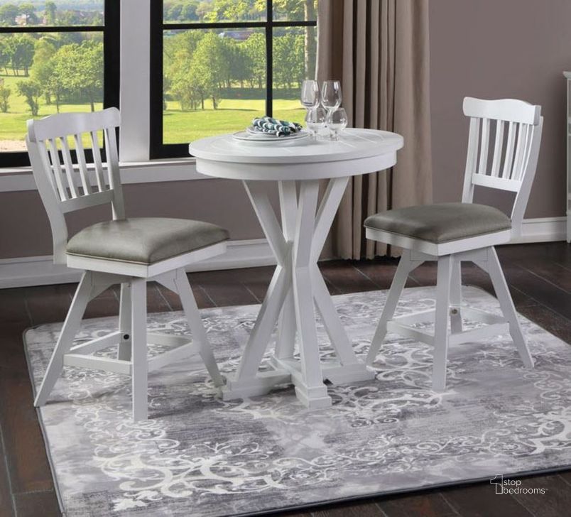 The appearance of Higgs Road White Bistro & Pub Set Bistro and Bar Table Set 0qd24416102 designed by Bennett Interiors in the transitional interior design. This white piece of furniture  was selected by 1StopBedrooms from Higgs Road Collection to add a touch of cosiness and style into your home. Sku: 1060-01-CPT;1060-01-BS1. Material: Wood. Product Type: Bistro & Pub Set. Image1