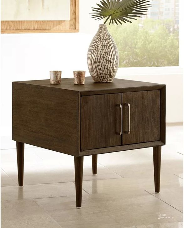 The appearance of Holdenvale Dark Brown End Table designed by Bennett Interiors in the transitional interior design. This dark brown piece of furniture  was selected by 1StopBedrooms from Holdenvale Collection to add a touch of cosiness and style into your home. Sku: T802-2. Table Top Shape: Square. Material: Wood. Product Type: End Table. Image1
