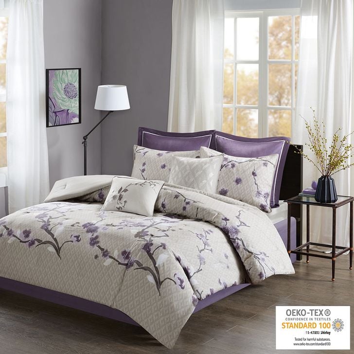 The appearance of Holly Cotton 8 Piece King Comforter Set In Purple designed by Olliix in the transitional interior design. This purple piece of furniture  was selected by 1StopBedrooms from Holly Collection to add a touch of cosiness and style into your home. Sku: MP10-4167. Material: Polyester. Bed Size: King. Product Type: Comforter Set. Image1
