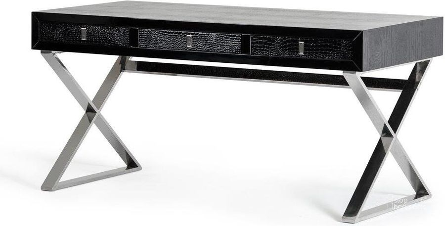 The appearance of Homeroots Black Crocodile Mdf And Steel Desk 284135 designed by Homeroots in the modern / contemporary interior design. This black piece of furniture  was selected by 1StopBedrooms from Crocodile Collection to add a touch of cosiness and style into your home. Sku: 284135. Product Type: Desk. Material: MDF. Image1