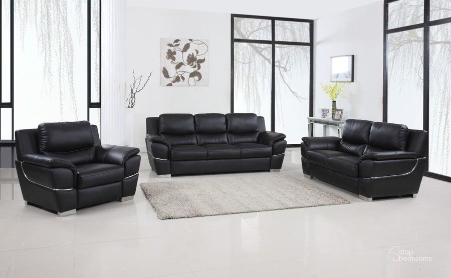 The appearance of Homeroots Chic Black Leather Sofa Set designed by Homeroots in the modern / contemporary interior design. This black piece of furniture  was selected by 1StopBedrooms from  to add a touch of cosiness and style into your home. Sku: 329474. Material: Leather. Product Type: Leather Living Room Set.