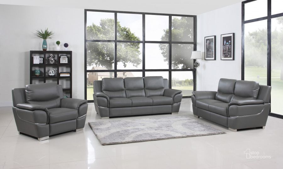 The appearance of Homeroots Chic Grey Leather Sofa Set 329482 designed by Homeroots in the modern / contemporary interior design. This gray piece of furniture  was selected by 1StopBedrooms from  to add a touch of cosiness and style into your home. Sku: 329482. Material: Leather. Product Type: Leather Living Room Set. Image1
