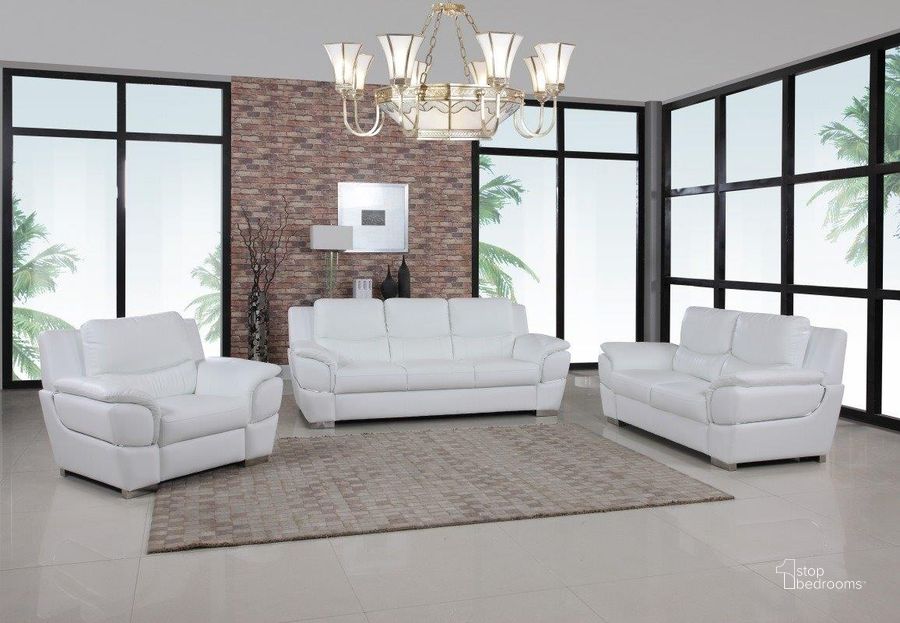 The appearance of Homeroots Chic White Leather Sofa Set designed by Homeroots in the modern / contemporary interior design. This white piece of furniture  was selected by 1StopBedrooms from  to add a touch of cosiness and style into your home. Sku: 329478. Material: Leather. Product Type: Leather Living Room Set.