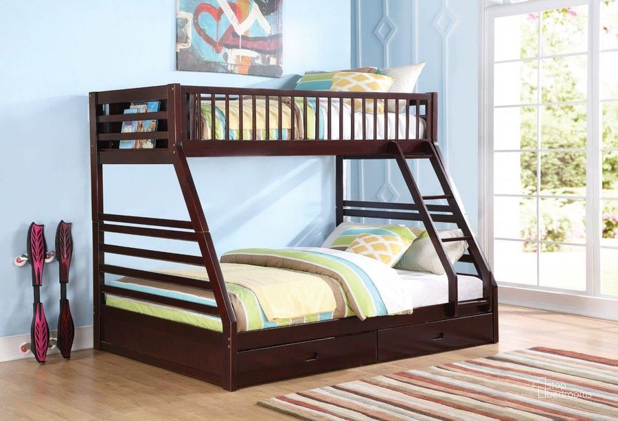 The appearance of Homeroots Espresso Pine Wood Twin X L Over Queen Bunk Bed 285312 designed by Homeroots in the modern / contemporary interior design. This espresso piece of furniture  was selected by 1StopBedrooms from  to add a touch of cosiness and style into your home. Sku: 285312. Bed Type: Bunk Bed. Material: Wood. Product Type: Bunk Bed. Bed Size: Twin Over Queen. Image1