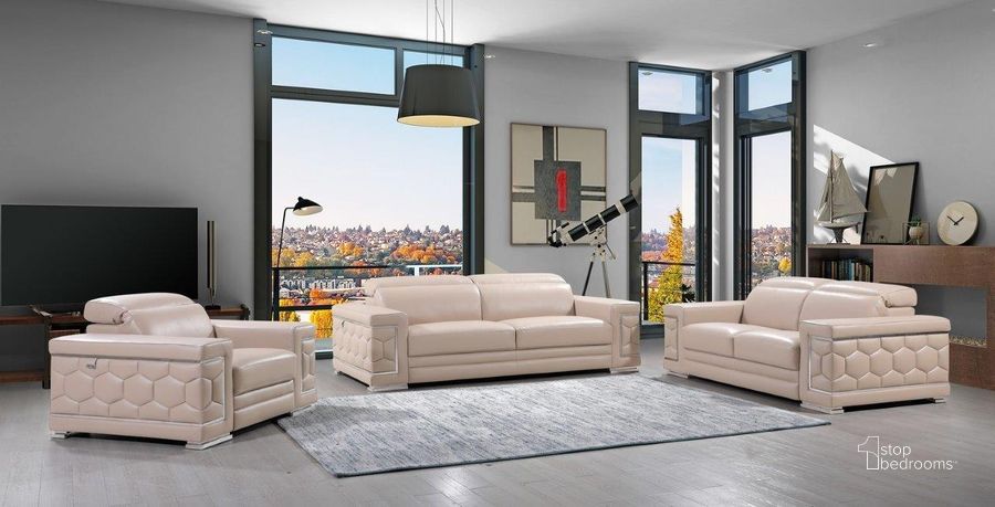 The appearance of Homeroots Modern Beige Leather Sofa Set designed by Homeroots in the modern / contemporary interior design. This beige piece of furniture  was selected by 1StopBedrooms from  to add a touch of cosiness and style into your home. Sku: 329717. Material: Leather. Product Type: Leather Living Room Set. Image1
