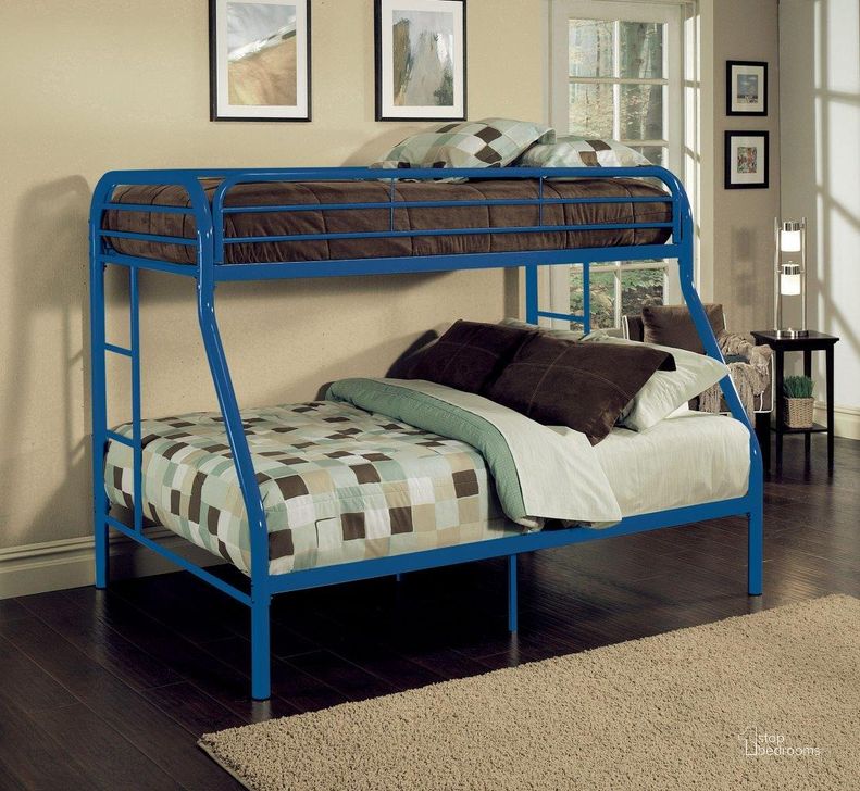 The appearance of Homeroots Twin Over Full Blue Metal Tube Bunk Bed designed by Homeroots in the modern / contemporary interior design. This blue piece of furniture  was selected by 1StopBedrooms from  to add a touch of cosiness and style into your home. Sku: 286574. Bed Type: Bunk Bed. Material: Metal. Product Type: Bunk Bed. Bed Size: Twin Over Full. Image1