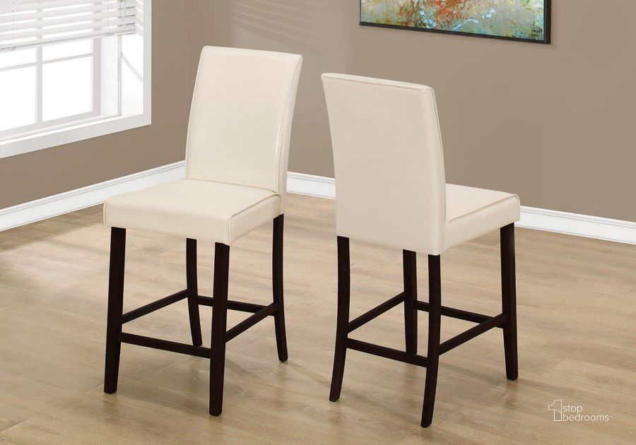 The appearance of Homeroots Two Ivory Leather Look Solid Wood And Mdf Counter Height Dining Chairs designed by Homeroots in the glam interior design. This ivory piece of furniture  was selected by 1StopBedrooms from  to add a touch of cosiness and style into your home. Sku: 332666. Material: Wood. Product Type: Dining Chair. Image1