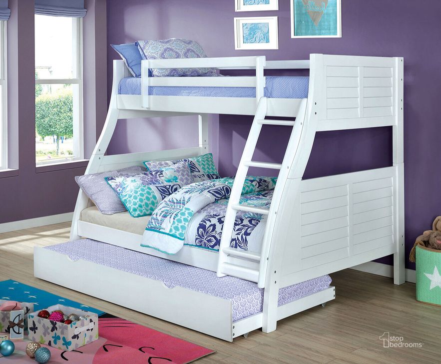 The appearance of Hoople Twin Over Full Bunk Bed In White designed by Furniture of America in the transitional interior design. This white piece of furniture  was selected by 1StopBedrooms from Hoople Collection to add a touch of cosiness and style into your home. Sku: CM-BK963WH-1;CM-BK963WH-2;CM-BK963WH-3. Bed Type: Bunk Bed. Material: Wood. Product Type: Bunk Bed. Bed Size: Twin Over Full. Image1