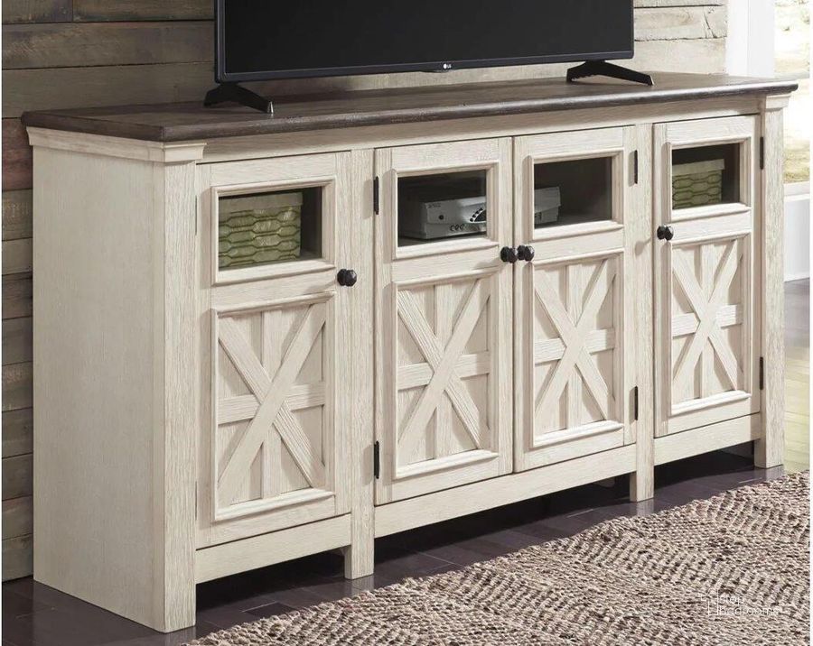 The appearance of Hornby Isle Two-tone TV Stand and TV Console 0qd2209205 designed by Isaac Tahari in the transitional interior design. This two-tone piece of furniture  was selected by 1StopBedrooms from Hornby Isle Collection to add a touch of cosiness and style into your home. Sku: W647-60. Material: Glass. Product Type: TV Stand. Image1
