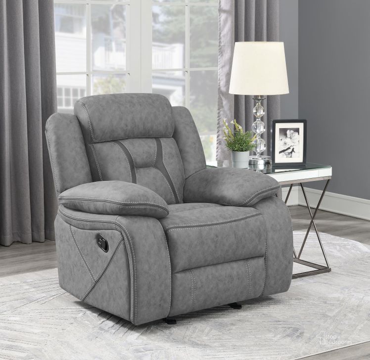 The appearance of Houston Stone Glider Recliner designed by Coaster in the modern / contemporary interior design. This gray piece of furniture  was selected by 1StopBedrooms from Houston Collection to add a touch of cosiness and style into your home. Sku: 602263. Product Type: Recliner. Material: Vinyl. Image1