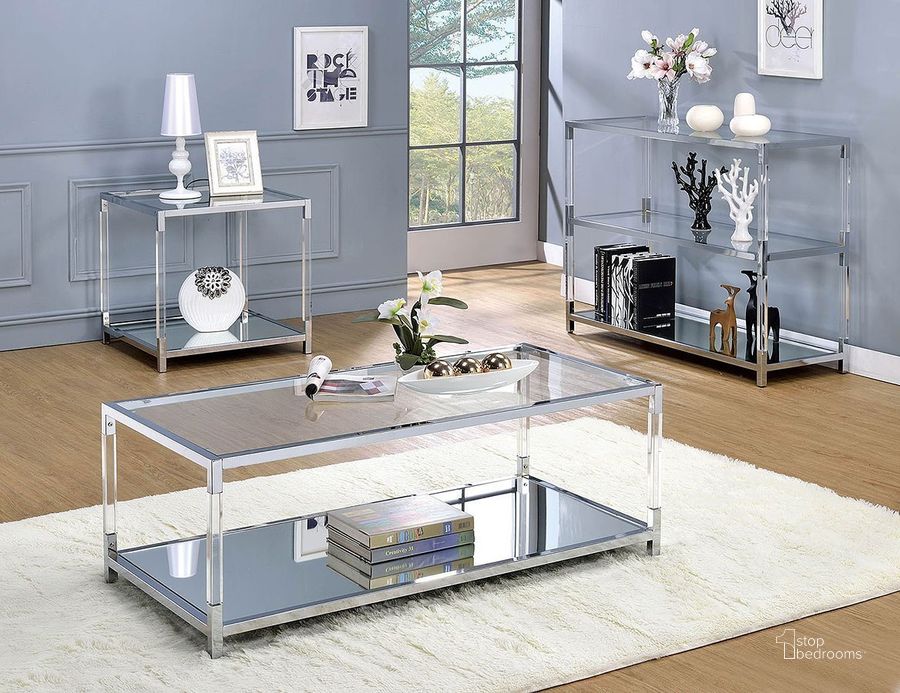 The appearance of Howsburg Chrome Occasional Table Set designed by FineForm in the modern / contemporary interior design. This chrome piece of furniture  was selected by 1StopBedrooms from Howsburg Collection to add a touch of cosiness and style into your home. Sku: CM4153C;CM4153E. Material: Metal. Product Type: Occasional Table Set. Image1