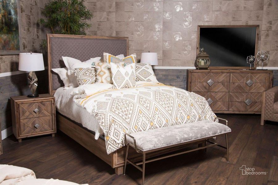 The appearance of Hudson Ferry Driftwood Diamond Quilted Gray Upholstered Panel Bedroom Set designed by AICO in the transitional interior design. This gray piece of furniture  was selected by 1StopBedrooms from Hudson Ferry Collection to add a touch of cosiness and style into your home. Sku: 9000238-00;KI-HUDF012GRY-216;KI-HUDF040-216;KI-HUDF132-216. Bed Type: Panel Bed. Product Type: Panel Bed. Bed Size: Queen. Material: Wood Veneer. Image1
