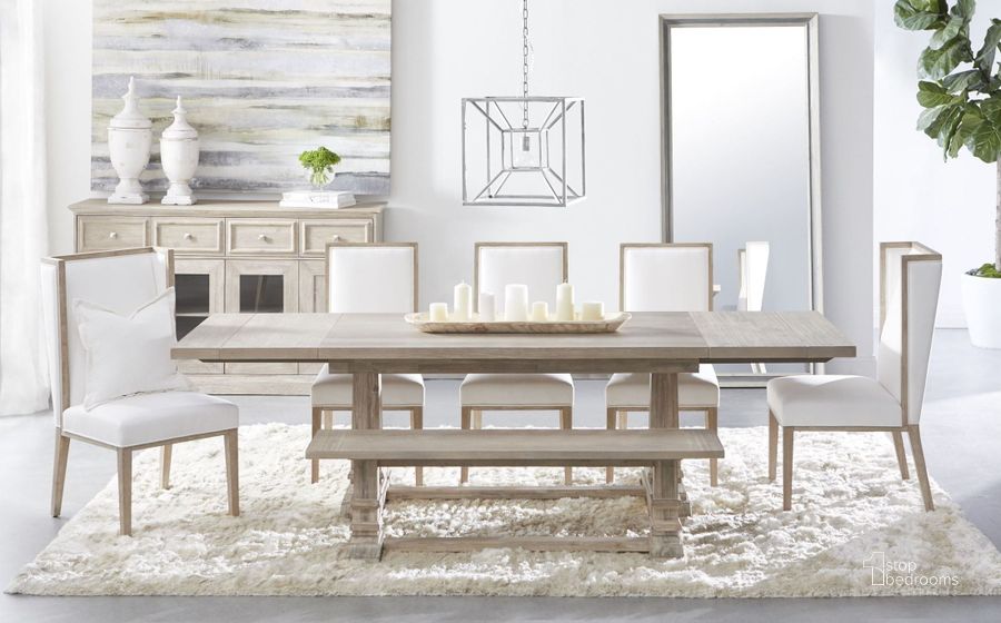 The appearance of Hudson Traditions Natural Gray Extendable Rectangular Dining Room Set designed by Essentials For Living in the traditional interior design. This brown piece of furniture  was selected by 1StopBedrooms from Traditions Collection to add a touch of cosiness and style into your home. Sku: 6015.NG;6008.NG/LPPRL. Table Base Style: Trestle. Material: Wood. Product Type: Dining Room Set. Table Top Shape: Rectangular. Size: 110". Image1