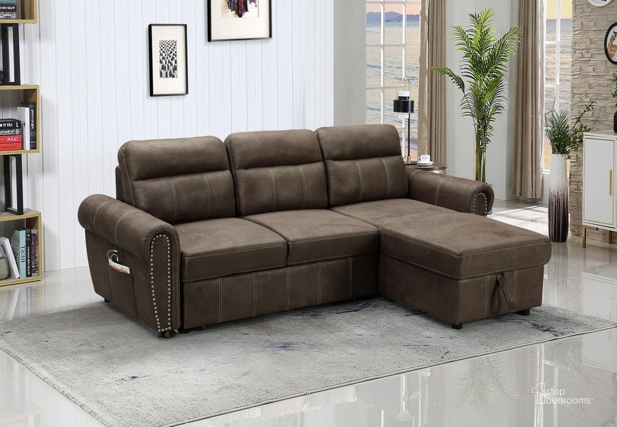 The appearance of Hugo Brown Reversible Sleeper Sectional Sofa Chaise With Usb Charger designed by Lilola Home in the modern / contemporary interior design. This brown piece of furniture  was selected by 1StopBedrooms from Hugo Collection to add a touch of cosiness and style into your home. Sku: 89112. Material: Wood. Product Type: Sectional. Layout: Sofa & Chaise. Image1