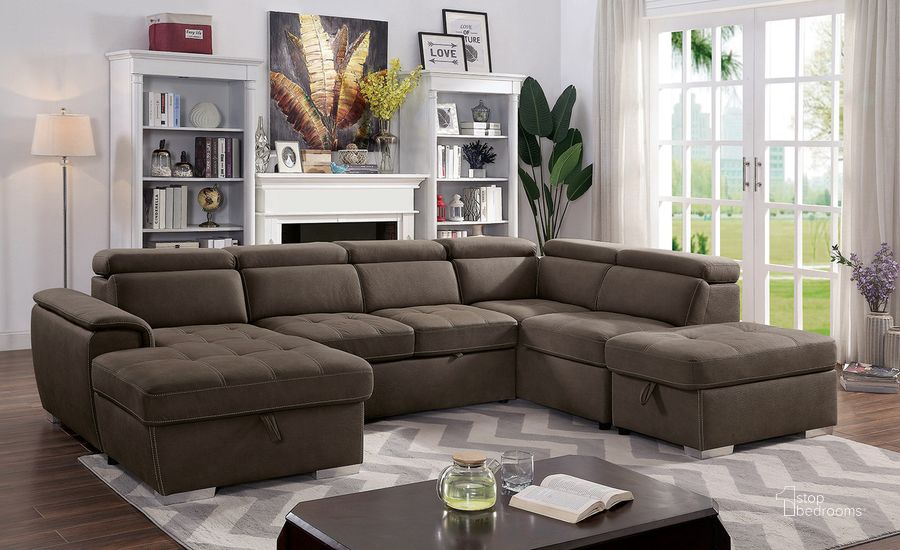 The appearance of Hugo Sectional In Light Brown designed by Furniture of America in the modern / contemporary interior design. This light brown piece of furniture  was selected by 1StopBedrooms from Hugo Collection to add a touch of cosiness and style into your home. Sku: CM6963-LCE;CM6963-LV;CM6963-RCE;CM6963-OT. Material: Wood. Product Type: Sectional. Image1