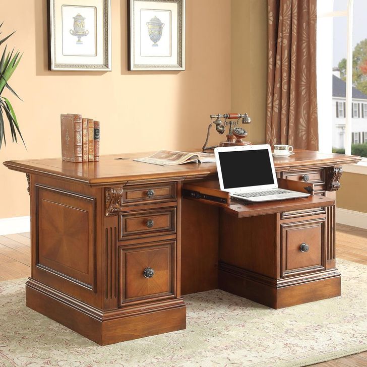 The appearance of Huntington Double Pedestal Executive Desk designed by Parker House in the traditional interior design. This brown piece of furniture  was selected by 1StopBedrooms from Huntington Collection to add a touch of cosiness and style into your home. Sku: HUN#480;HUN#481;HUN#482. Material: Wood. Product Type: Executive Desk. Image1