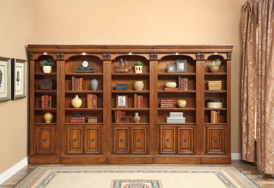 The appearance of Huntington Library Wall Unit designed by Parker House in the traditional interior design. This brown piece of furniture  was selected by 1StopBedrooms from Huntington Collection to add a touch of cosiness and style into your home. Sku: HUN#420;HUN#420;HUN#430;HUN#430;HUN#430. Product Type: Entertainment Centers and Wall. Image1
