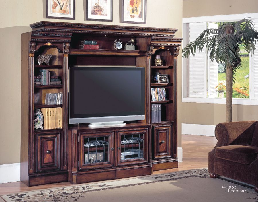 The appearance of Huntington X-Pandable Entertainment Wall Unit designed by Parker House in the traditional interior design. This brown piece of furniture  was selected by 1StopBedrooms from Huntington Collection to add a touch of cosiness and style into your home. Sku: HUN#415X;HUN#400;HUN#420;HUN#420. Product Type: Entertainment Centers and Wall. Image1