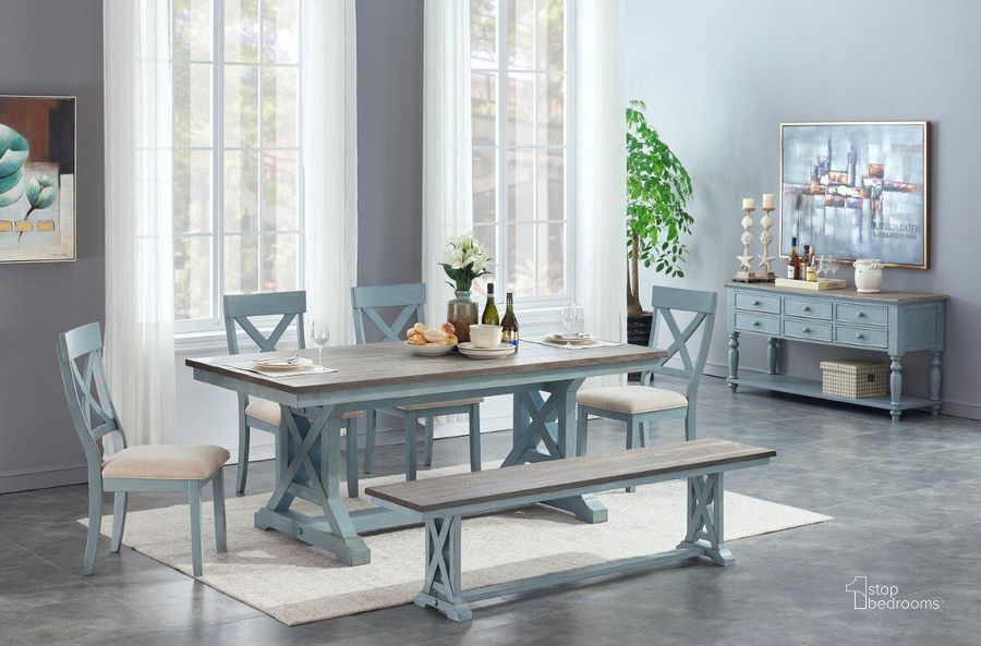 The appearance of Huron Street Blue Dining Room Set 0qd24356633 designed by Isaac Tahari in the transitional interior design. This blue piece of furniture  was selected by 1StopBedrooms from Huron Street Collection to add a touch of cosiness and style into your home. Sku: 40296;40298. Table Base Style: Trestle. Product Type: Dining Room Set. Table Top Shape: Rectangular. Material: Pine. Size: 30". Image1