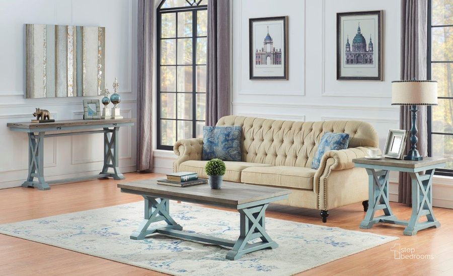 The appearance of Huron Street Blue Occasional Table Set designed by Isaac Tahari in the transitional interior design. This blue piece of furniture  was selected by 1StopBedrooms from Huron Street Collection to add a touch of cosiness and style into your home. Sku: 40302;40303. Product Type: Occasional Table Set. Material: Pine. Image1