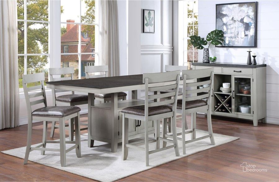 The appearance of Hyland Two Tone Stone Gray And Charcoal Extendable Counter Height Dining Room Set designed by Steve Silver in the transitional interior design. This gray piece of furniture  was selected by 1StopBedrooms from Hyland Collection to add a touch of cosiness and style into your home. Sku: HY500PT;HY500CC. Product Type: Dining Room Set. Material: MDF. Table Top Shape: Rectangular. Image1