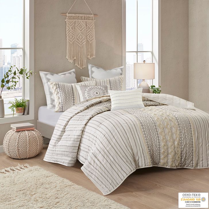 The appearance of Imani Cotton Queen Coverlet Mini Set In Ivory designed by Olliix in the transitional interior design. This ivory piece of furniture  was selected by 1StopBedrooms from Imani Collection to add a touch of cosiness and style into your home. Sku: II13-1195. Bed Size: Queen. Material: Cotton. Product Type: Coverlet Set. Image1