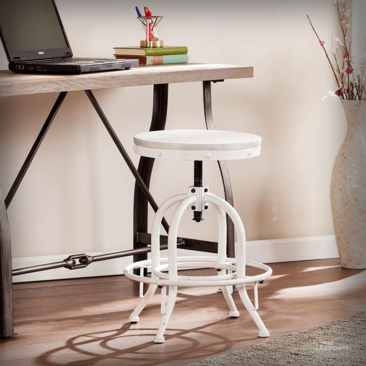 The appearance of Industrial Adjustable Height Swiveling Stool In White designed by SEI Furniture in the country / farmhouse interior design. This distressed white piece of furniture  was selected by 1StopBedrooms from Industrial Collection to add a touch of cosiness and style into your home. Sku: BC2454. Product Type: Stool. Material: MDF. Image1
